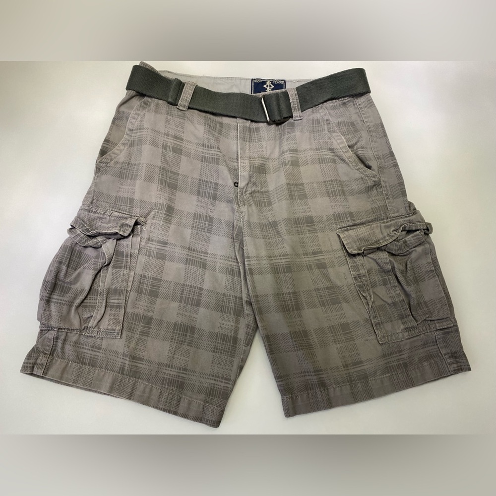 Cargo Shorts Grey Printed Plaid-like Design distressed look casual Shorts Sz 32